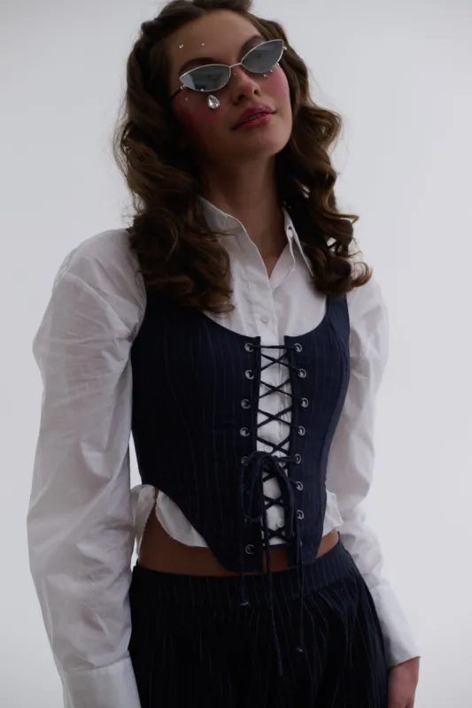 The Pinstripe Duchess Corset sold by Selkie