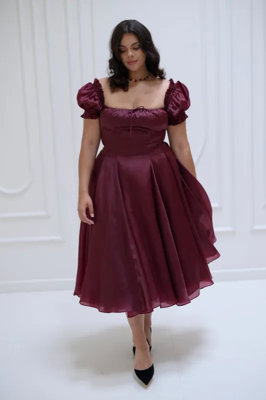 The Silk Satin Bordeaux Garden Party Dress sold by Selkie
