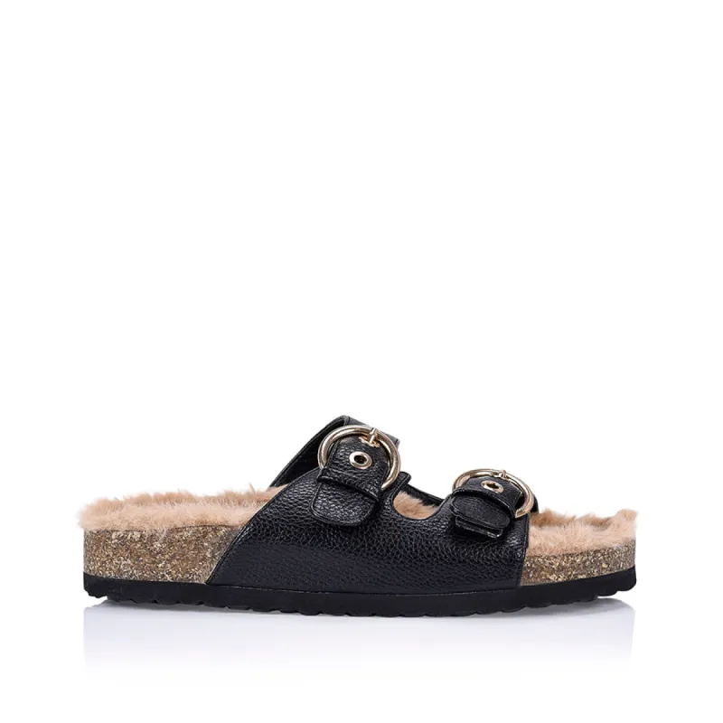 Xyla Foot Bed Faux Fur Slides - Black Pebble sold by Verali