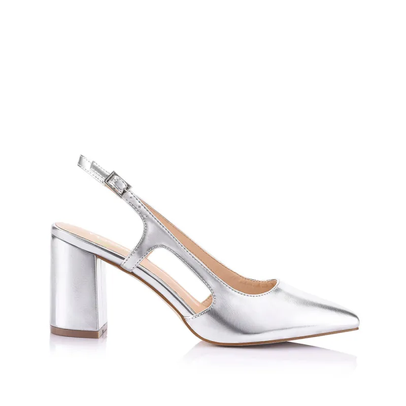 Enrique Sling Back Block Heels - Silver Smooth sold by Verali