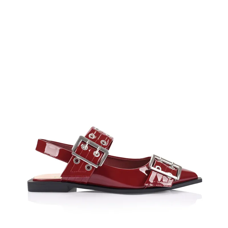 Clea Slingback Buckle Flats - Wine Patent sold by Verali