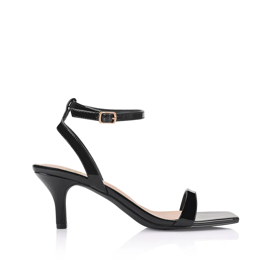 Tally Kitten Heel Sandals - Black Patent sold by Verali