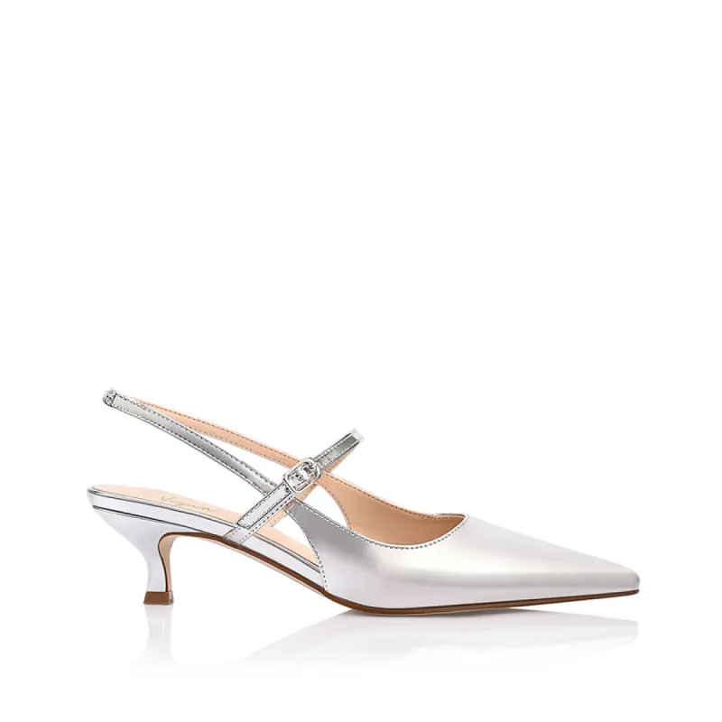 Luce Slingback Kitten Heels - Silver Mirror sold by Verali