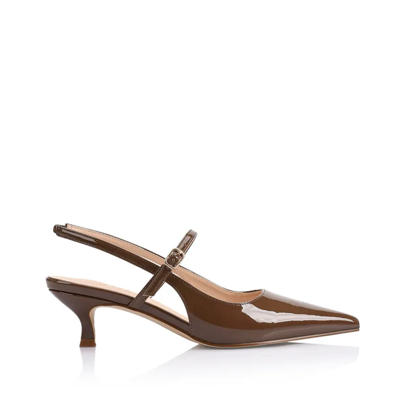 Luce Slingback Kitten Heels - Cocoa Brown Patent sold by Verali