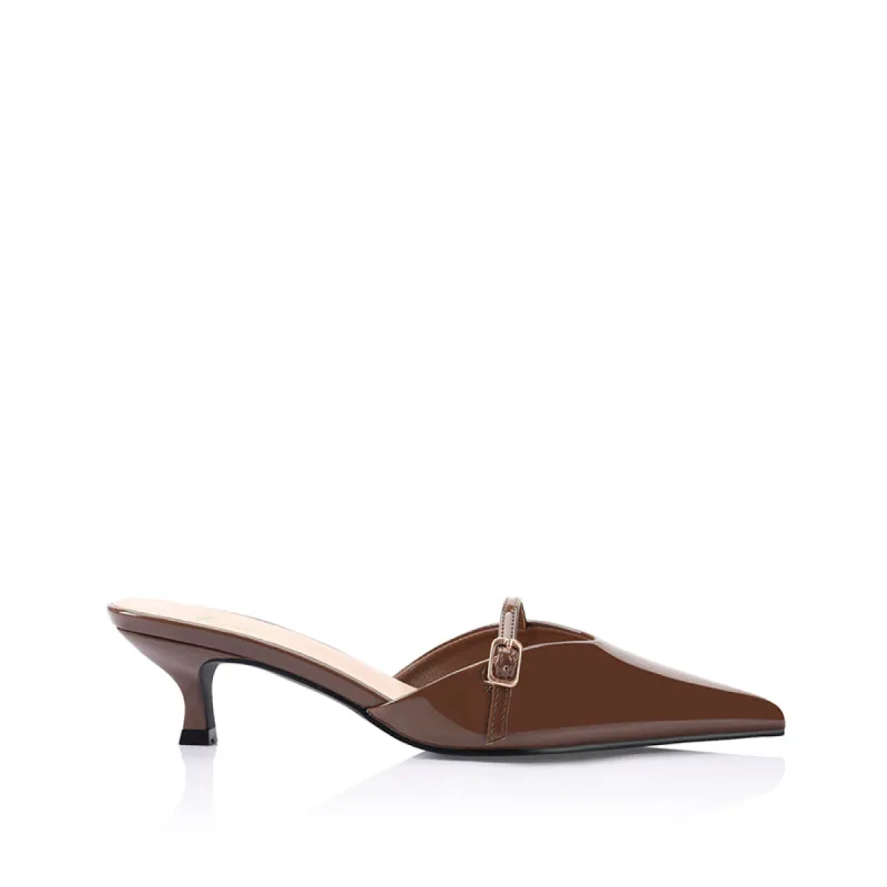 Lunar Point Toe Kitten Heels - Cocoa Brown Patent sold by Verali
