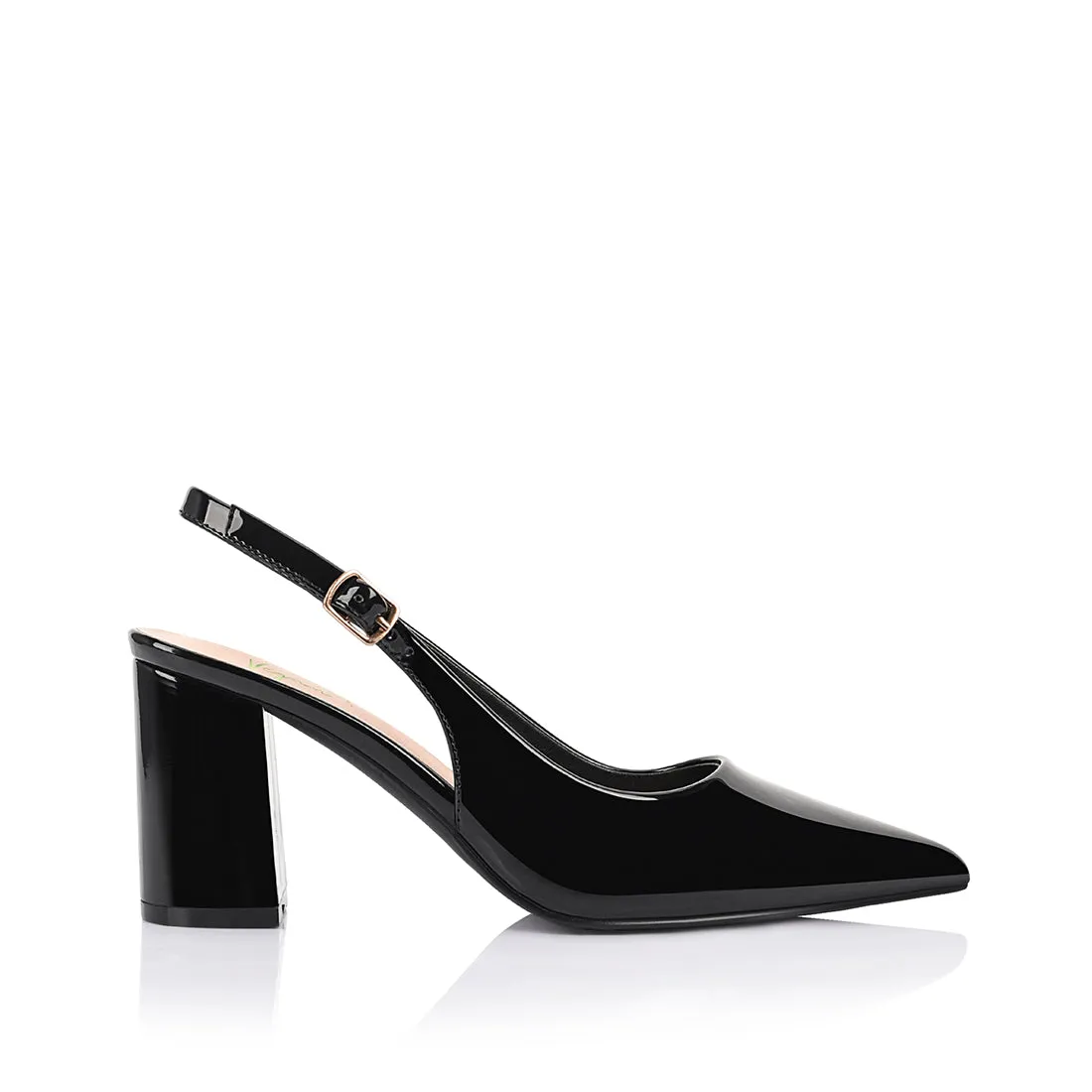 Elio Slingback Block Heels - Black Patent sold by Verali