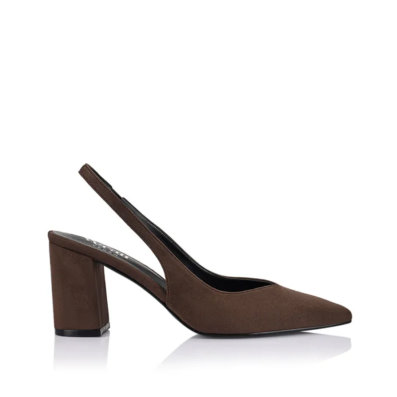 Elisha Slingback Block Heels - Chocolate Brown Micro sold by Verali
