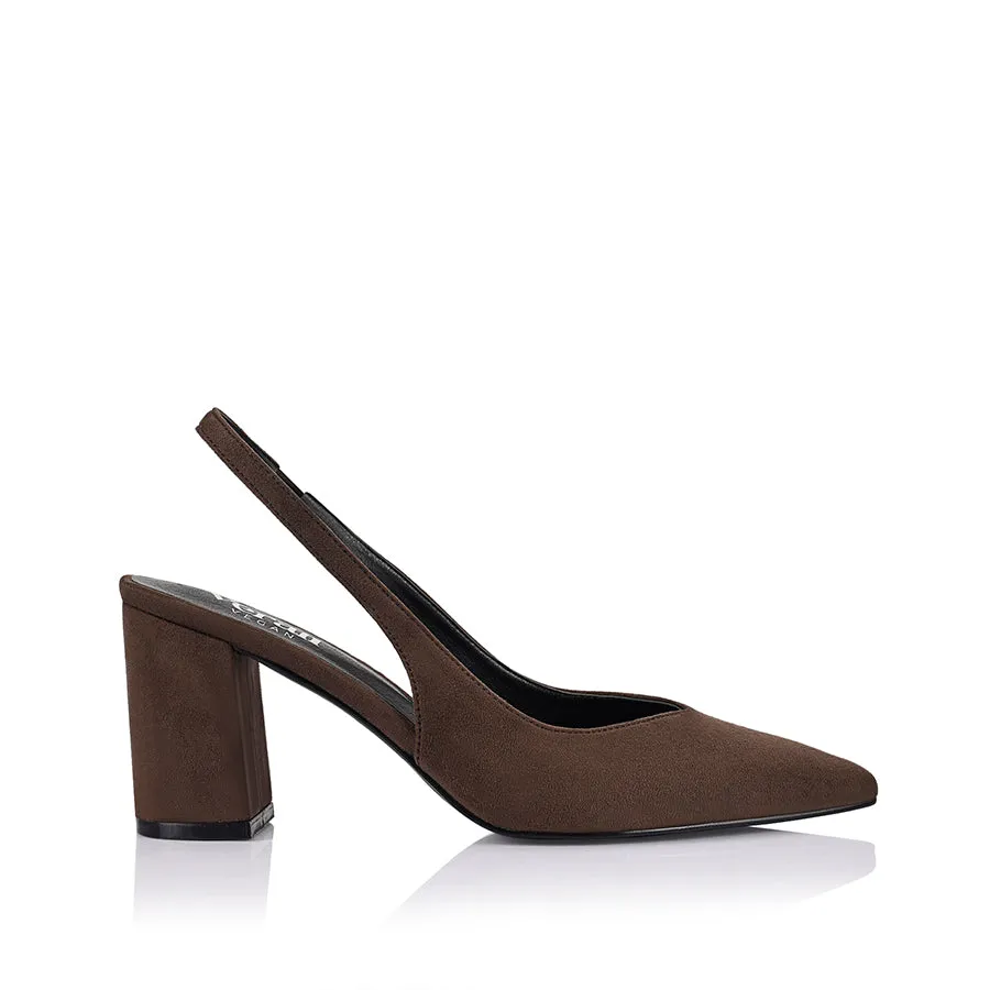 Elisha Slingback Block Heels - Chocolate Brown Micro sold by Verali