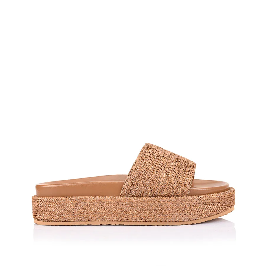 Romy Flatform Slides - Tan Raffia sold by Verali