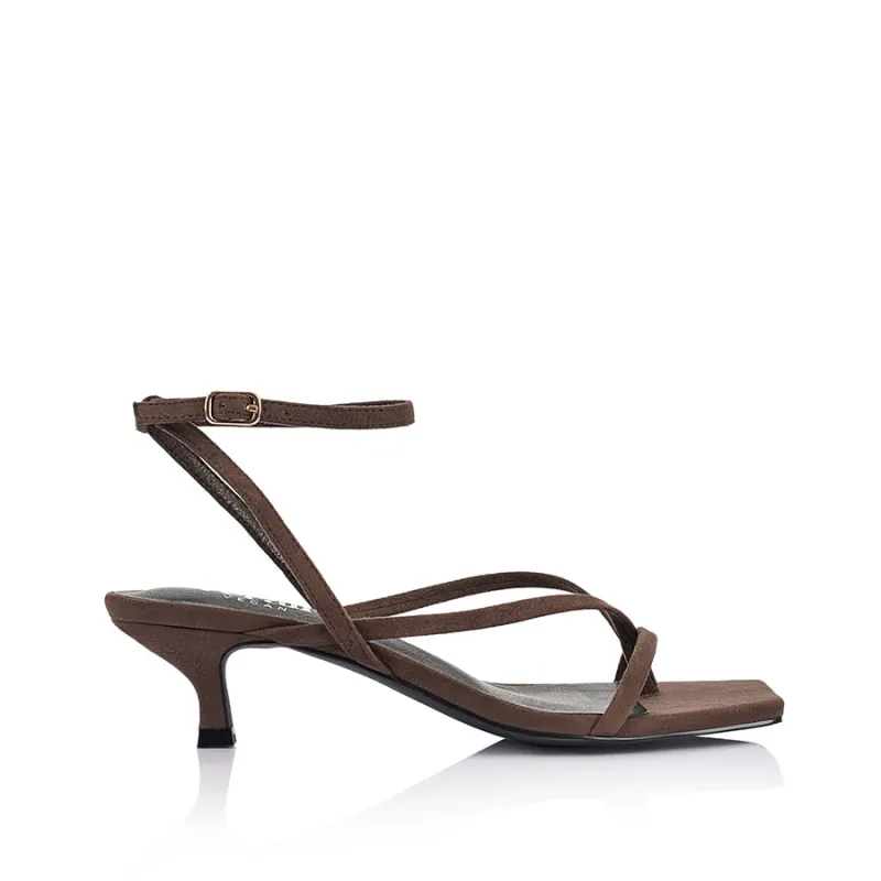 Maeve Kitten Heel Sandals - Chocolate Brown Micro sold by Verali