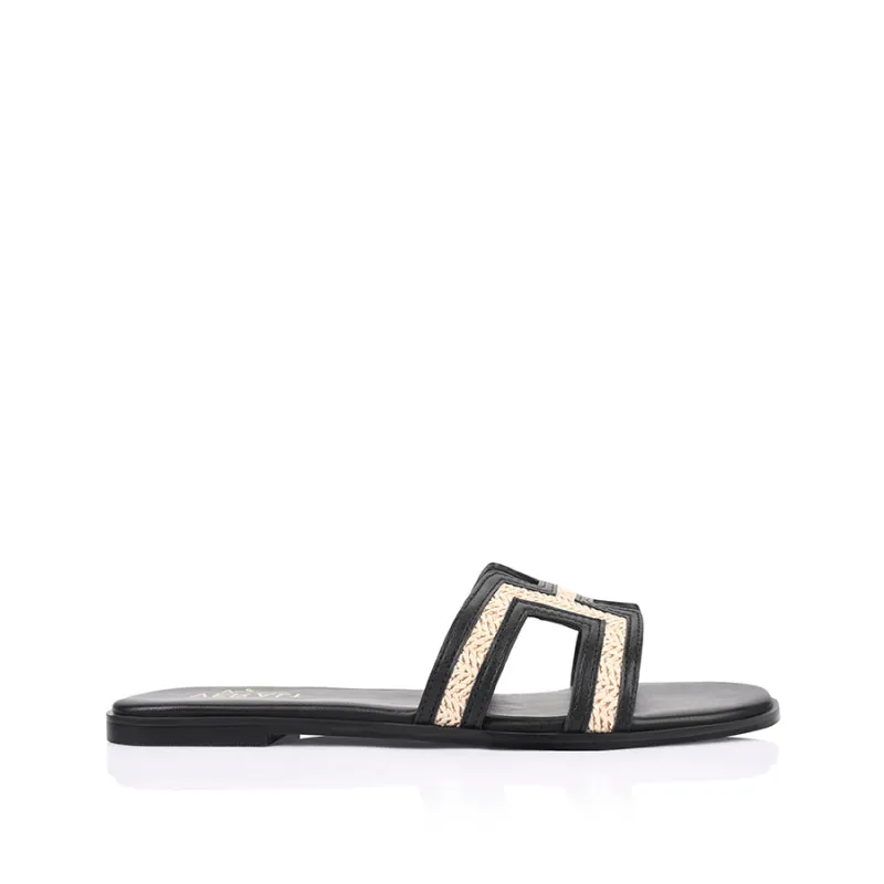 Sandra Casual Slides - Black/Raffia made by Verali
