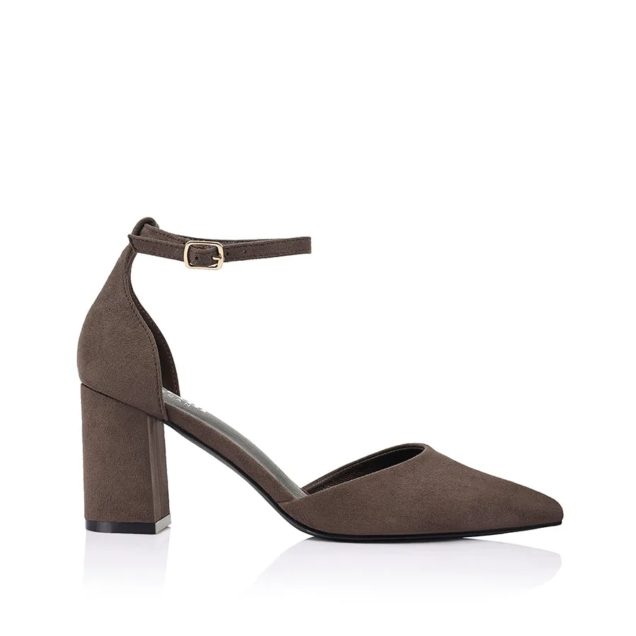 Eli Closed Toe Block Heels - Chocolate Brown Micro sold by Verali