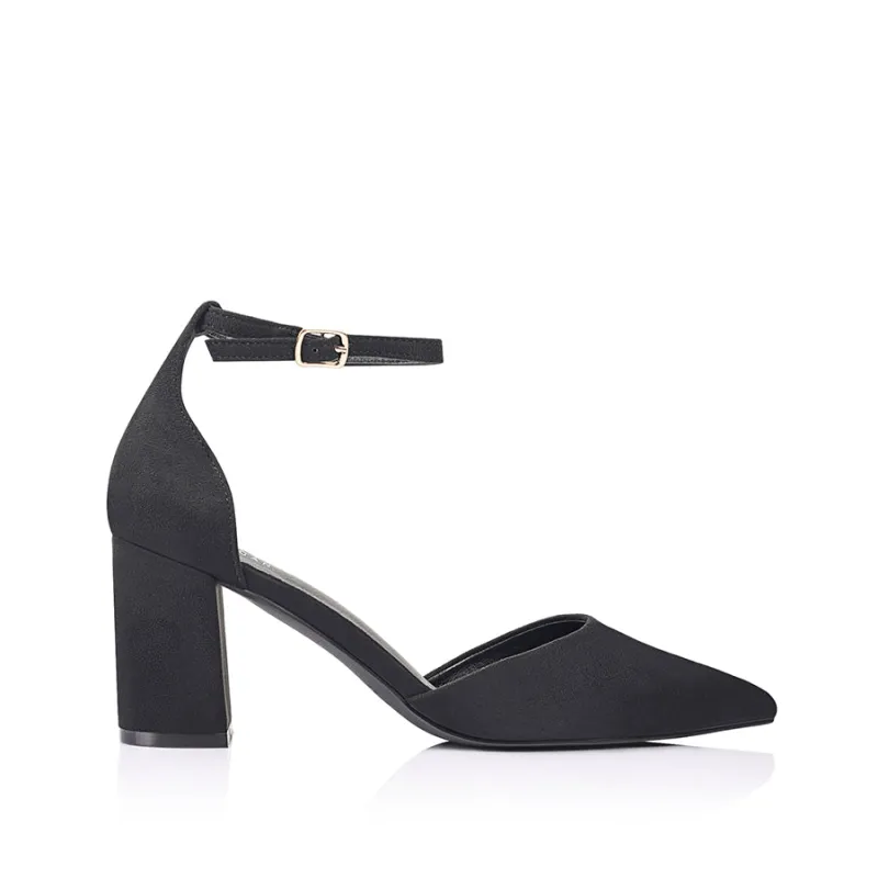 Eli Closed Toe Block Heels - Black Micro sold by Verali