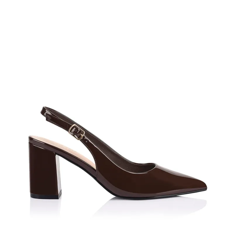 Elio Slingback Block Heels - Chocolate Brown Patent sold by Verali