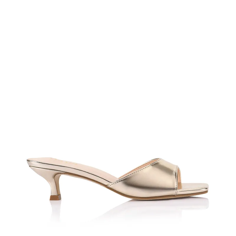Alyssa Kitten Heel Mules - Champagne Gold sold by Verali