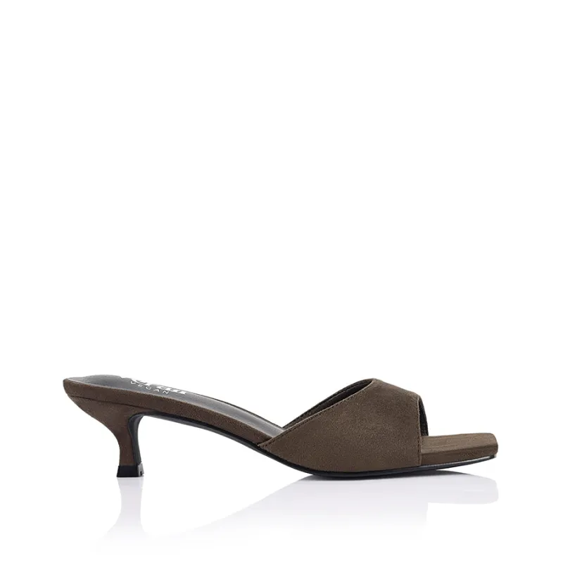 Alyssa Kitten Heel Mules - Chocolate Brown Micro sold by Verali