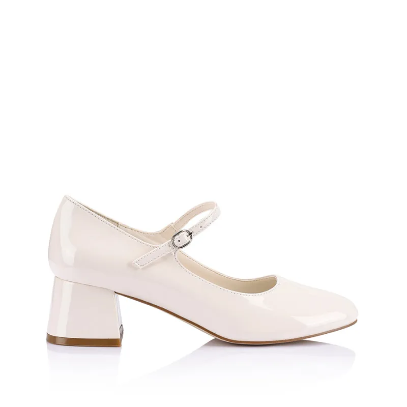 Kenna Mary Jane Block Heels - Bone White Patent made by Verali