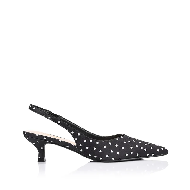 Lush Slingback Kitten Heels - Black Polka Dot Satin made by Verali