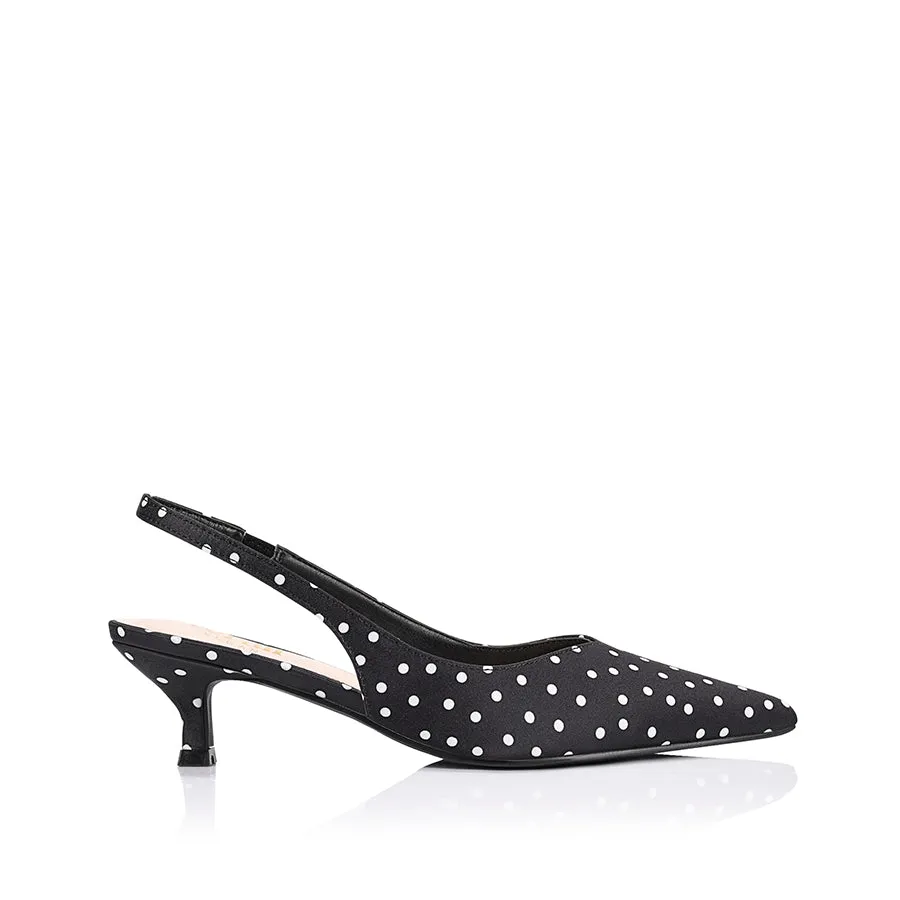 Lush Slingback Kitten Heels - Black Polka Dot Satin sold by Verali
