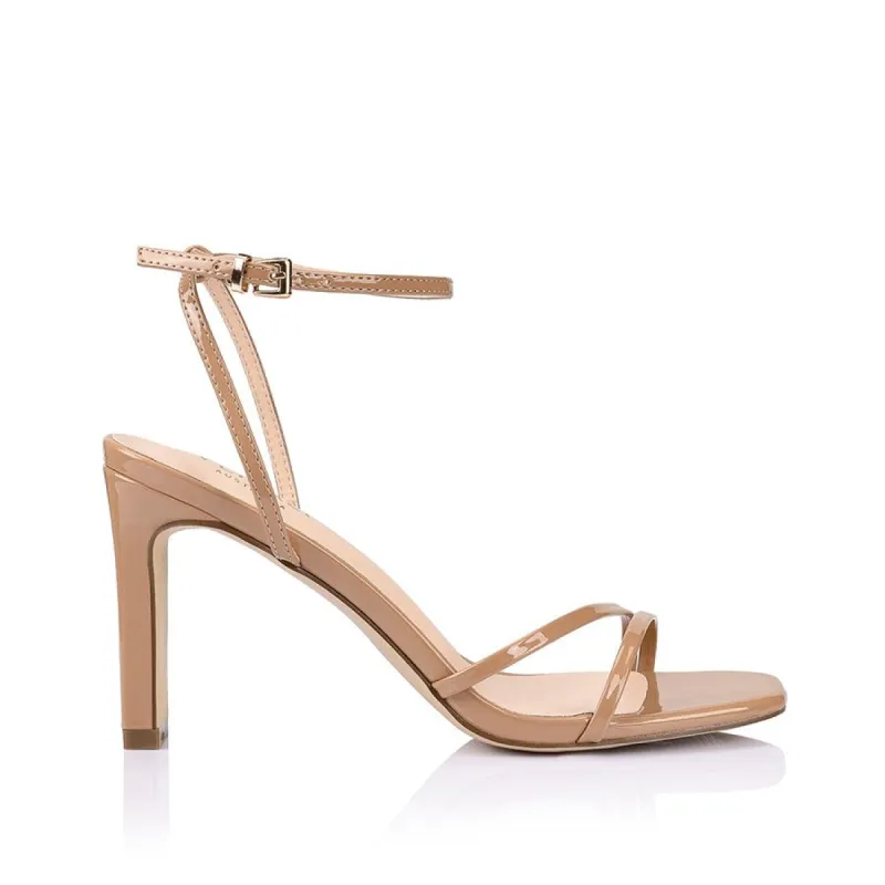 Kimmy Slim Strappy Heels - Dark Camel Patent sold by Verali
