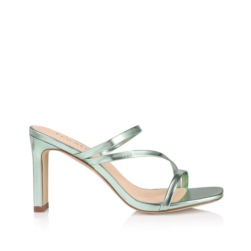 Kipper Block Heel Mules - Green Metallic sold by Verali