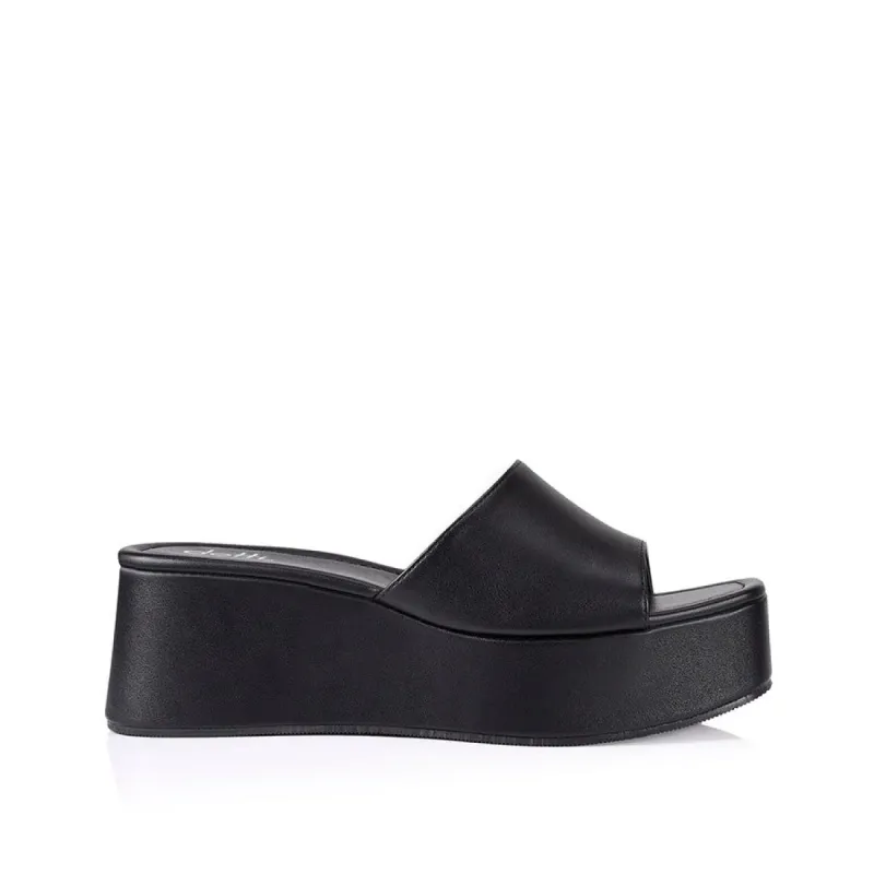 Millie Flatform Slides - Black Smooth sold by Verali