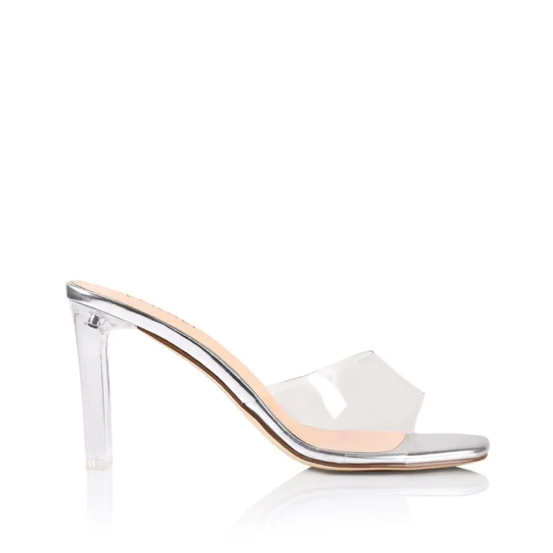 Kiah Clear Heel Mules - Silver Smooth sold by Verali