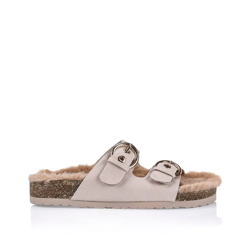 Xyla Foot Bed Faux Fur Slides - Blush sold by Verali