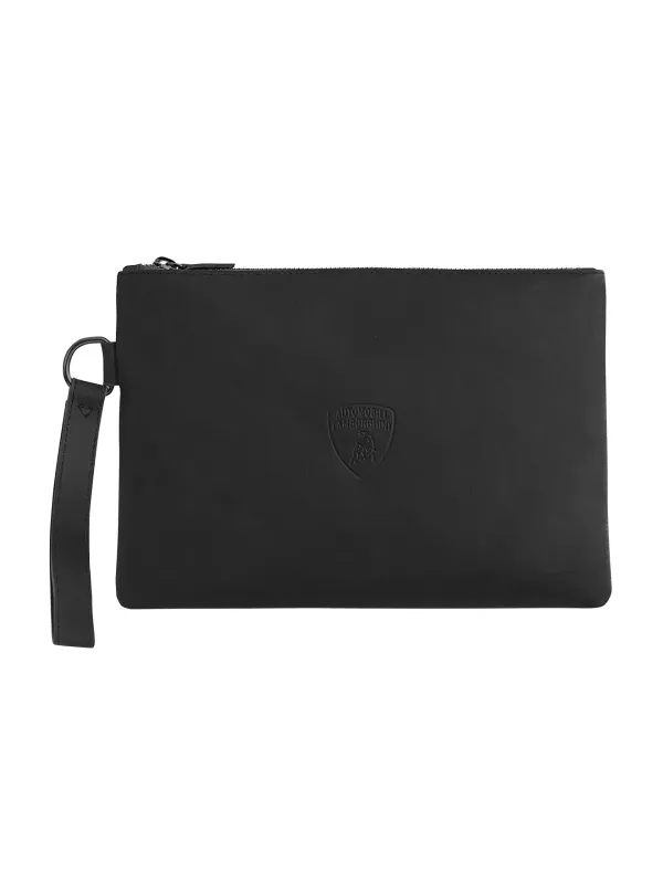 Zippered pouch with handle in upcycled leather made by Lamborghini