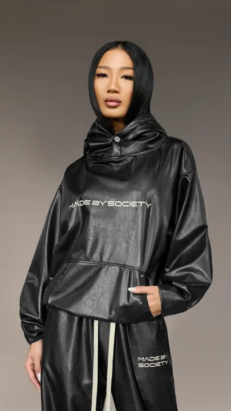 Black Faux Leather Hoodie - H25842 made by Made by Society