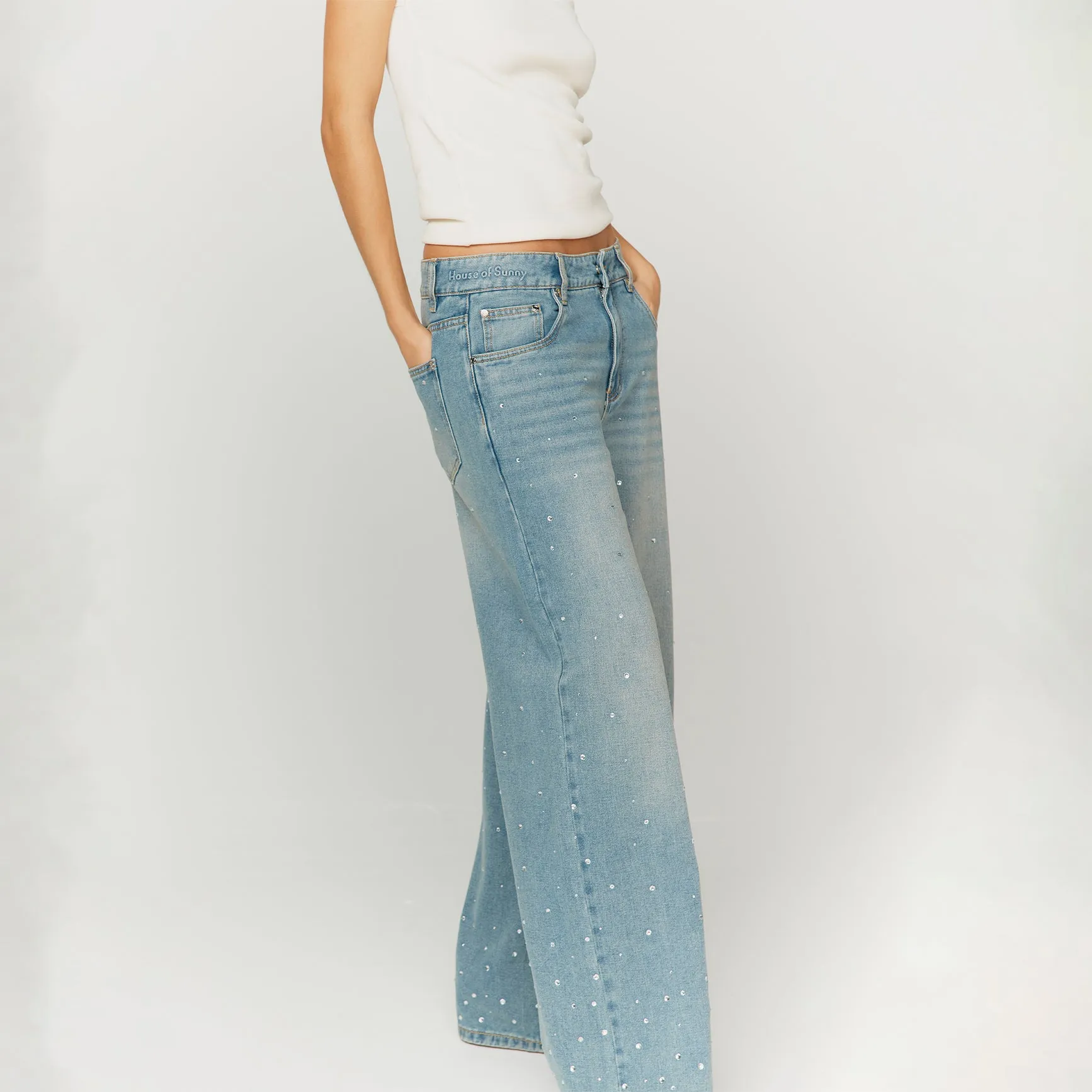 CRYSTALLISED WIDE LEG DENIM sold by House of Sunny