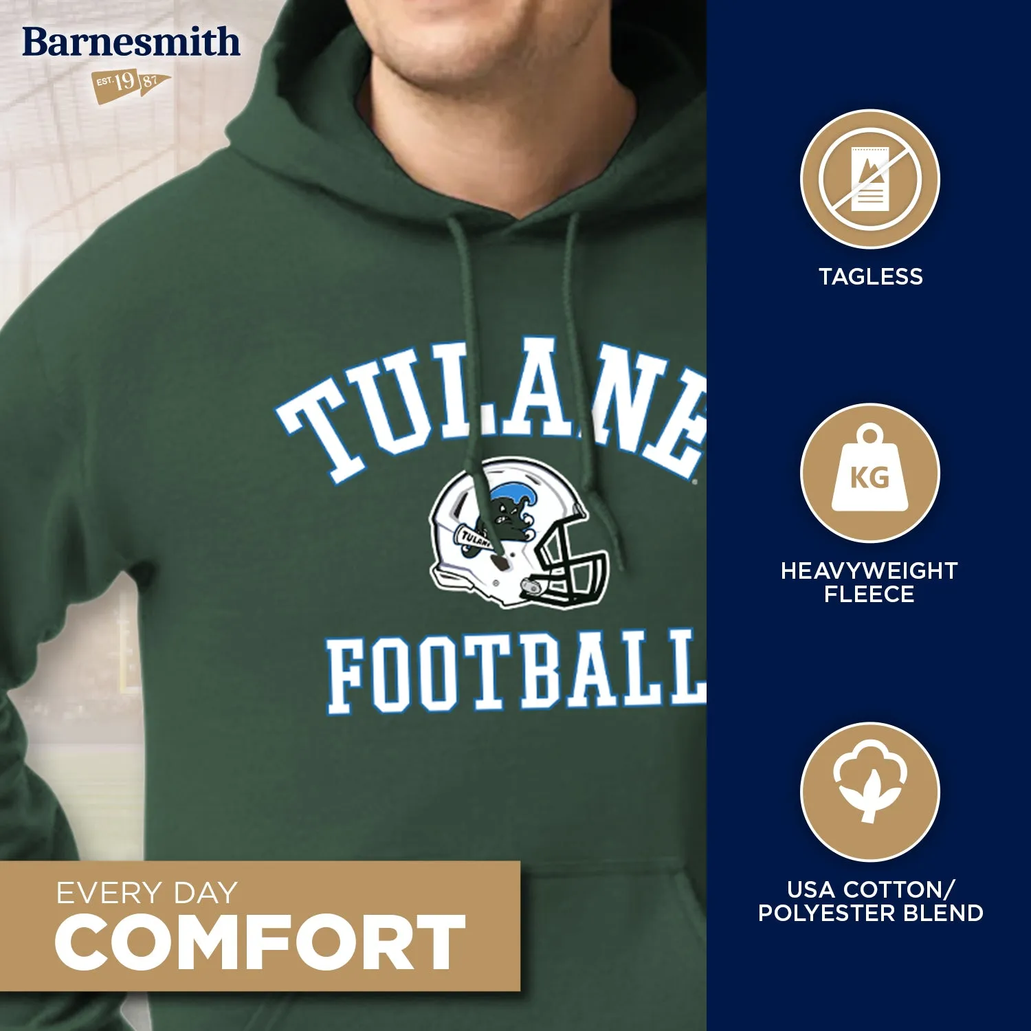 Tulane University Football Hooded Sweatshirt (Hunter Green) sold by Barnesmith product image thumbnail 3