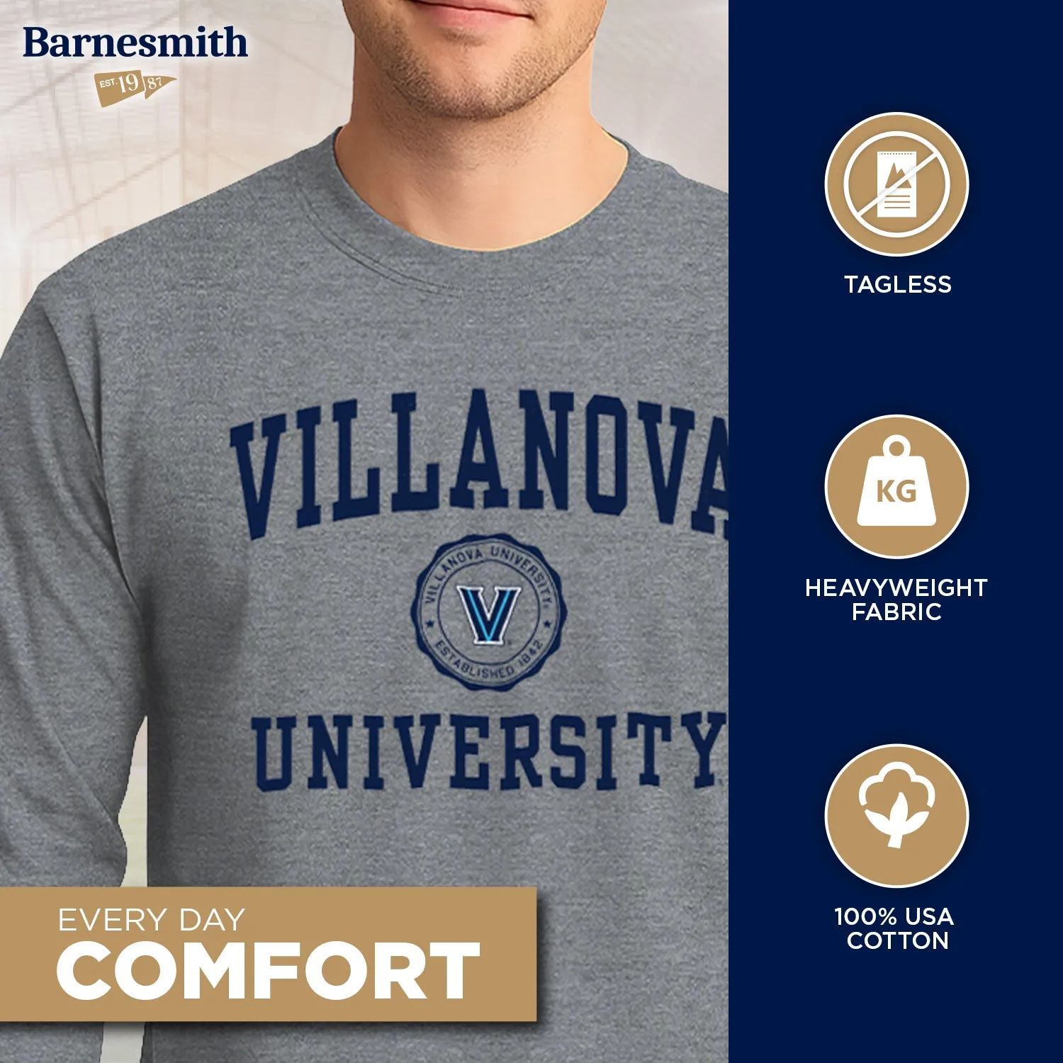 Villanova University Heritage Long Sleeve T-Shirt (Charcoal Grey) sold by Barnesmith product image thumbnail 3