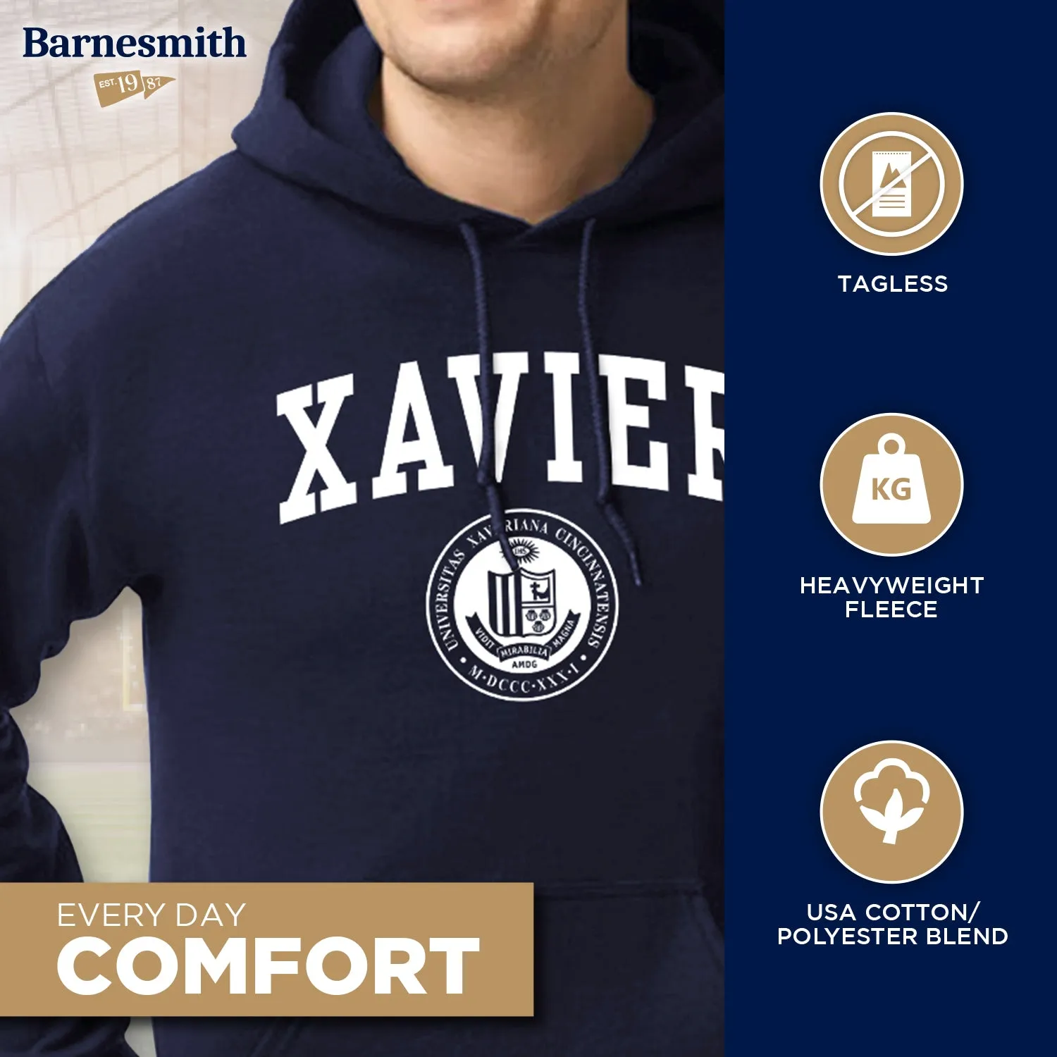 Xavier University Heritage Hooded Sweatshirt (Navy) sold by Barnesmith product image thumbnail 3