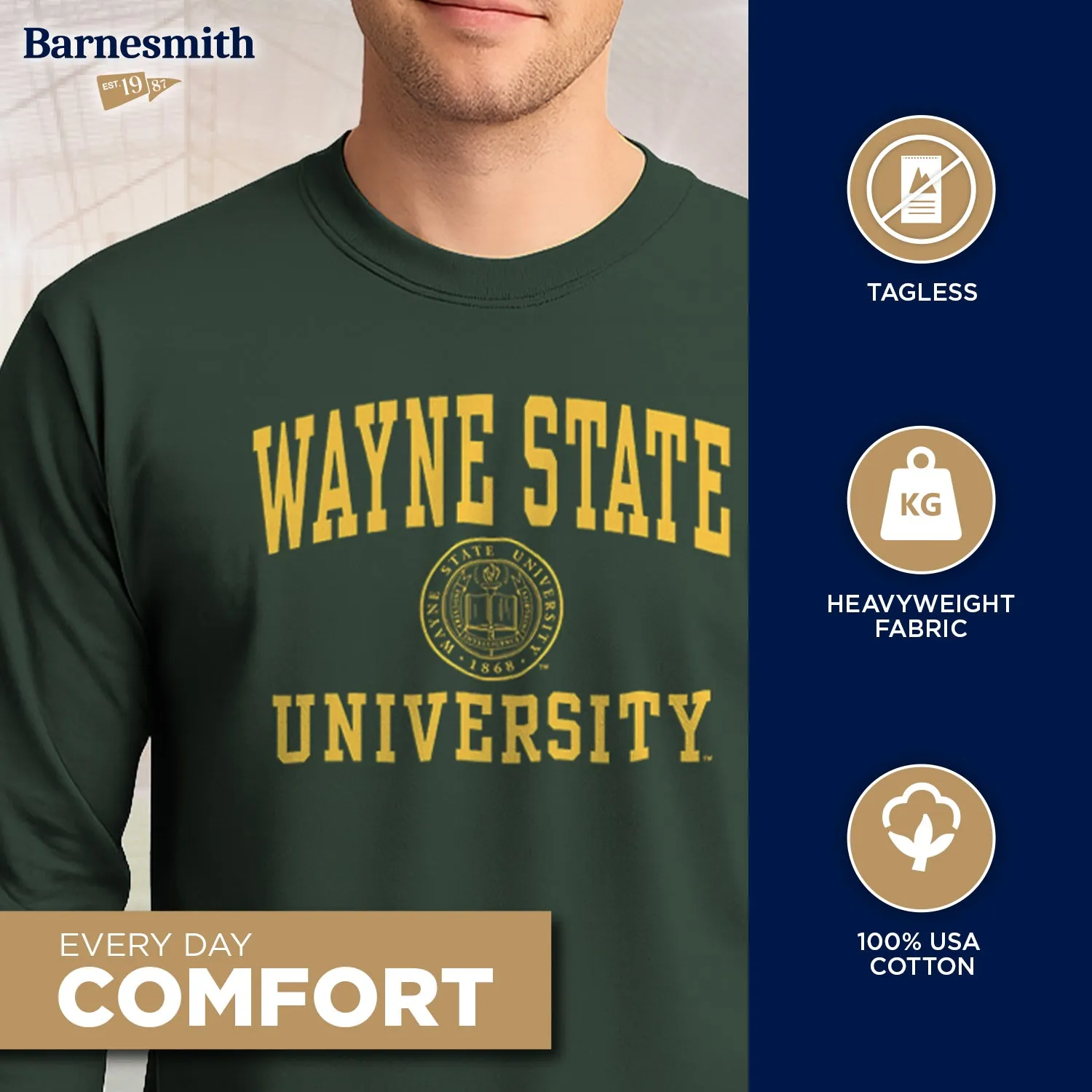 Wayne State University Heritage Long Sleeve T-Shirt (Hunter Green) sold by Barnesmith product image thumbnail 3