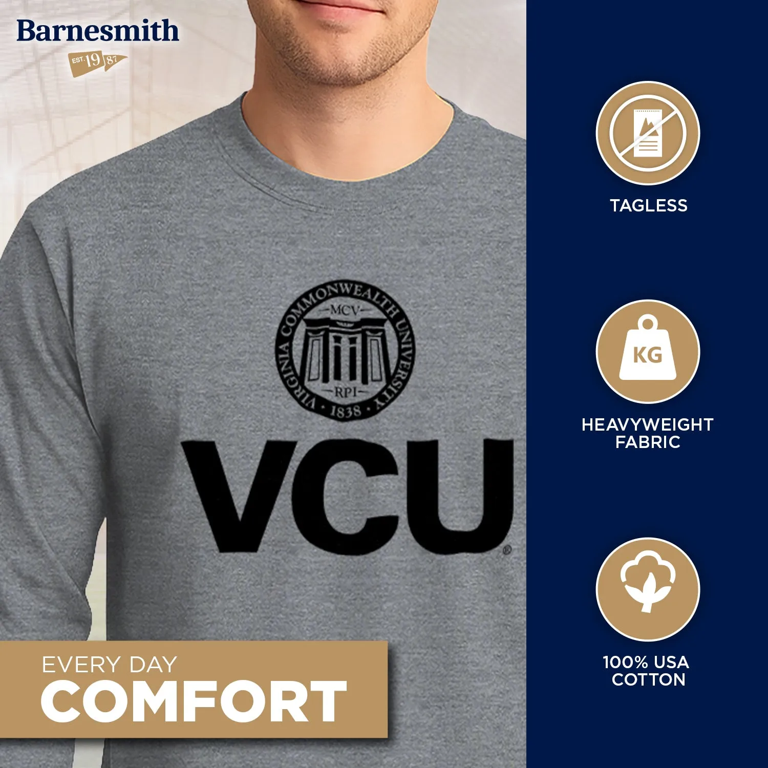 Virginia Commonwealth University Heritage Long Sleeve T-Shirt (Charcoal Grey) sold by Barnesmith product image thumbnail 3