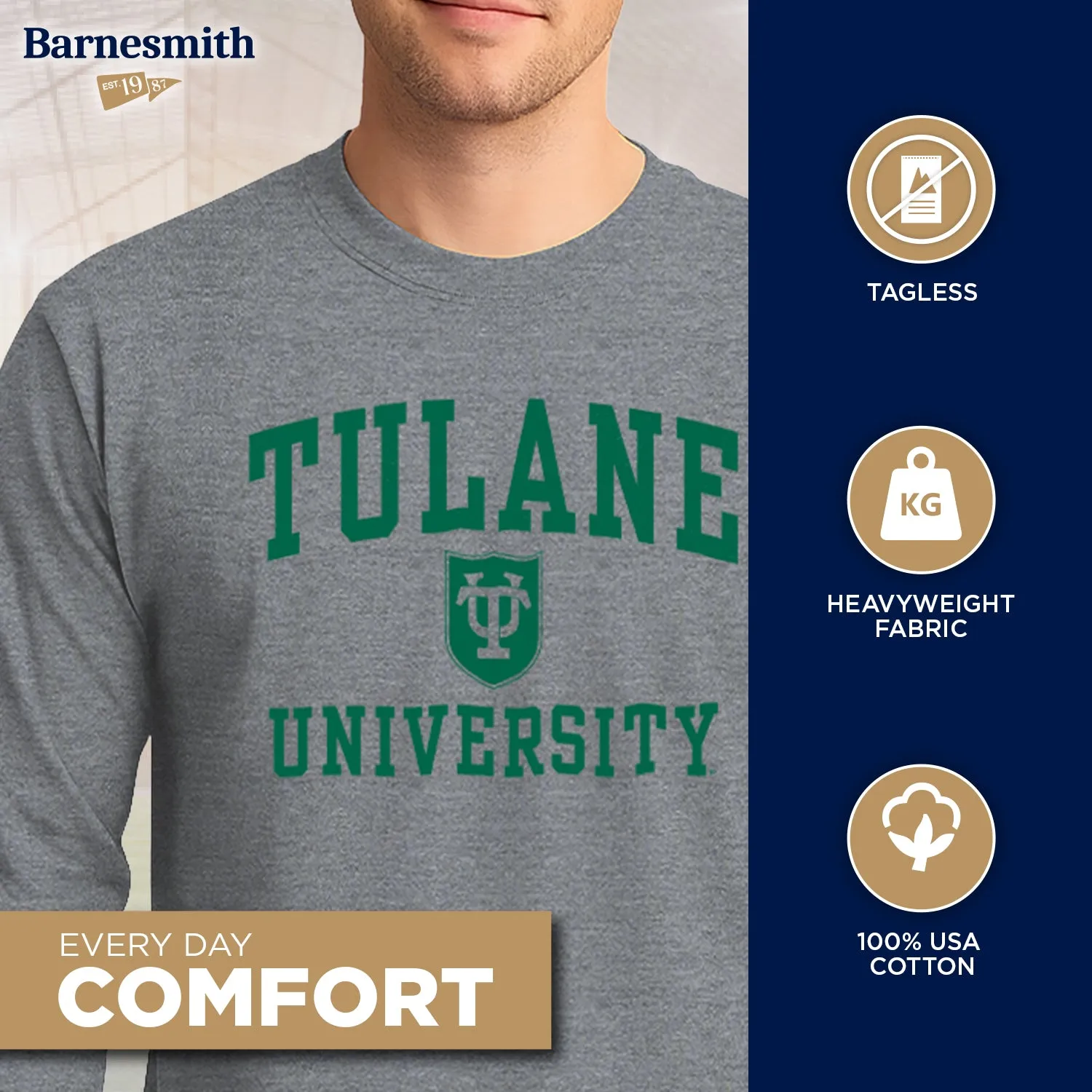 Tulane University Heritage Long Sleeve T-Shirt (Charcoal Grey) sold by Barnesmith product image thumbnail 3