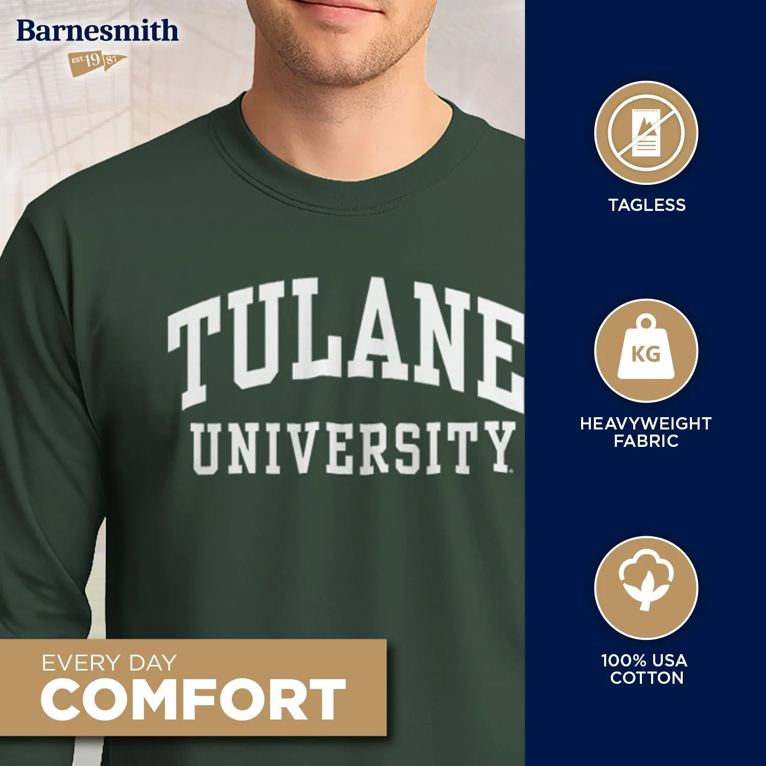 Tulane University Classic Long Sleeve T-Shirt (Hunter Green) sold by Barnesmith product image thumbnail 3