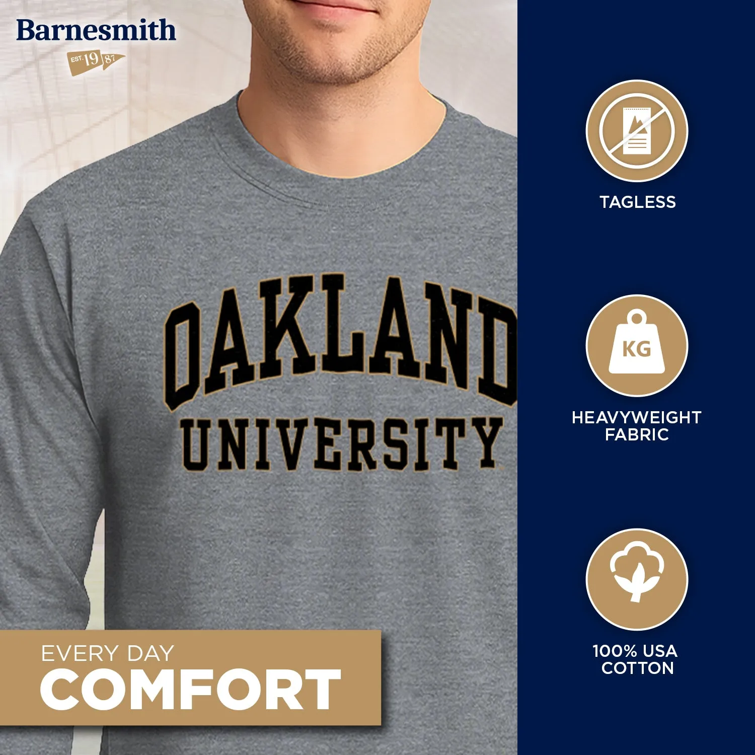 Oakland University Classic Long Sleeve T-Shirt (Charcoal Grey) sold by Barnesmith product image thumbnail 3