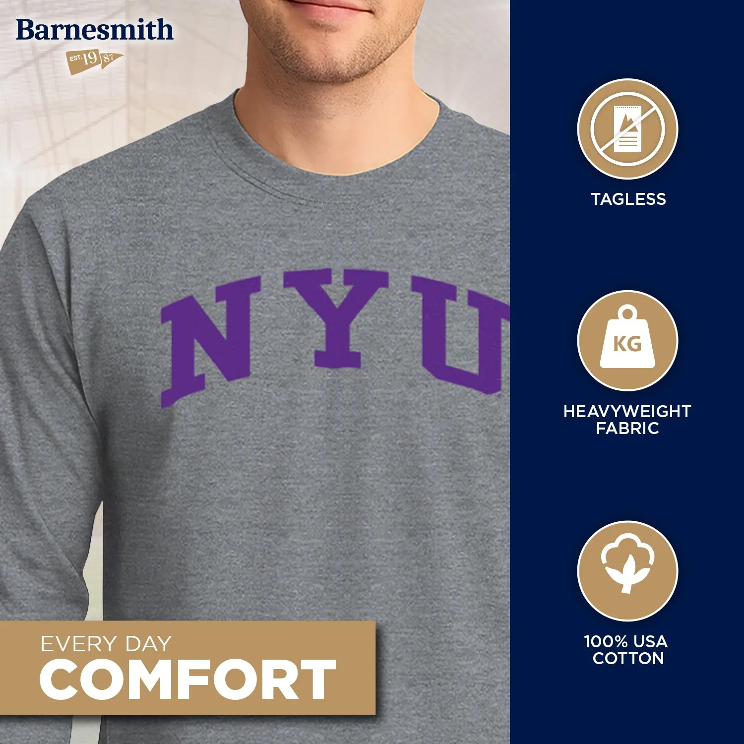 New York University Classic Long Sleeve T-Shirt (Charcoal Grey) sold by Barnesmith product image thumbnail 3