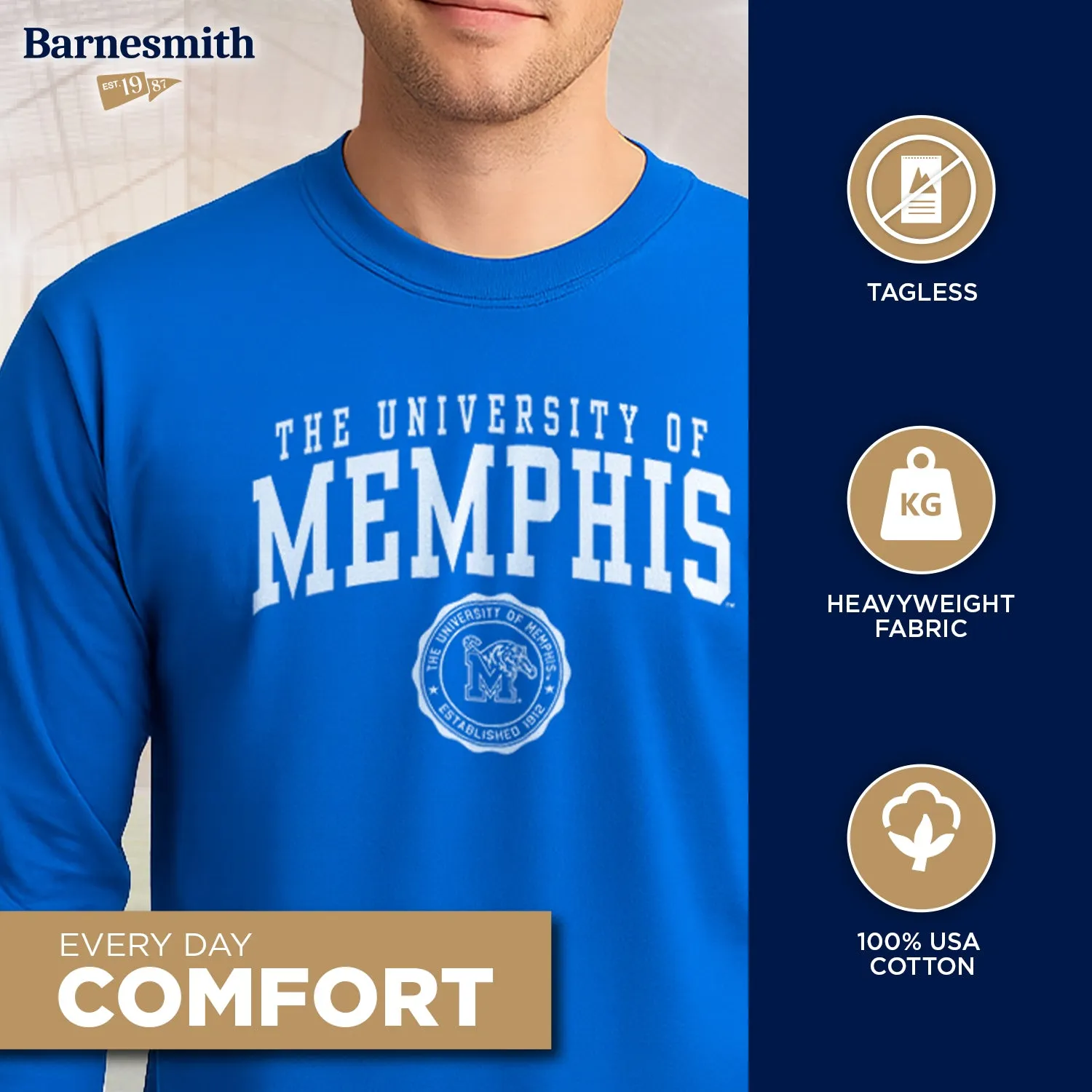 The University of Memphis Heritage Long Sleeve T-Shirt (Royal Blue) sold by Barnesmith product image thumbnail 3