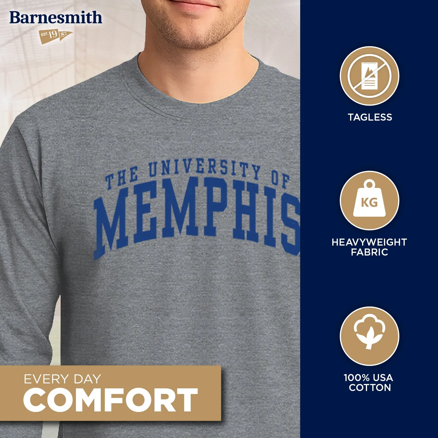 The University of Memphis Classic Long Sleeve T-Shirt (Charcoal Grey) sold by Barnesmith product image thumbnail 3