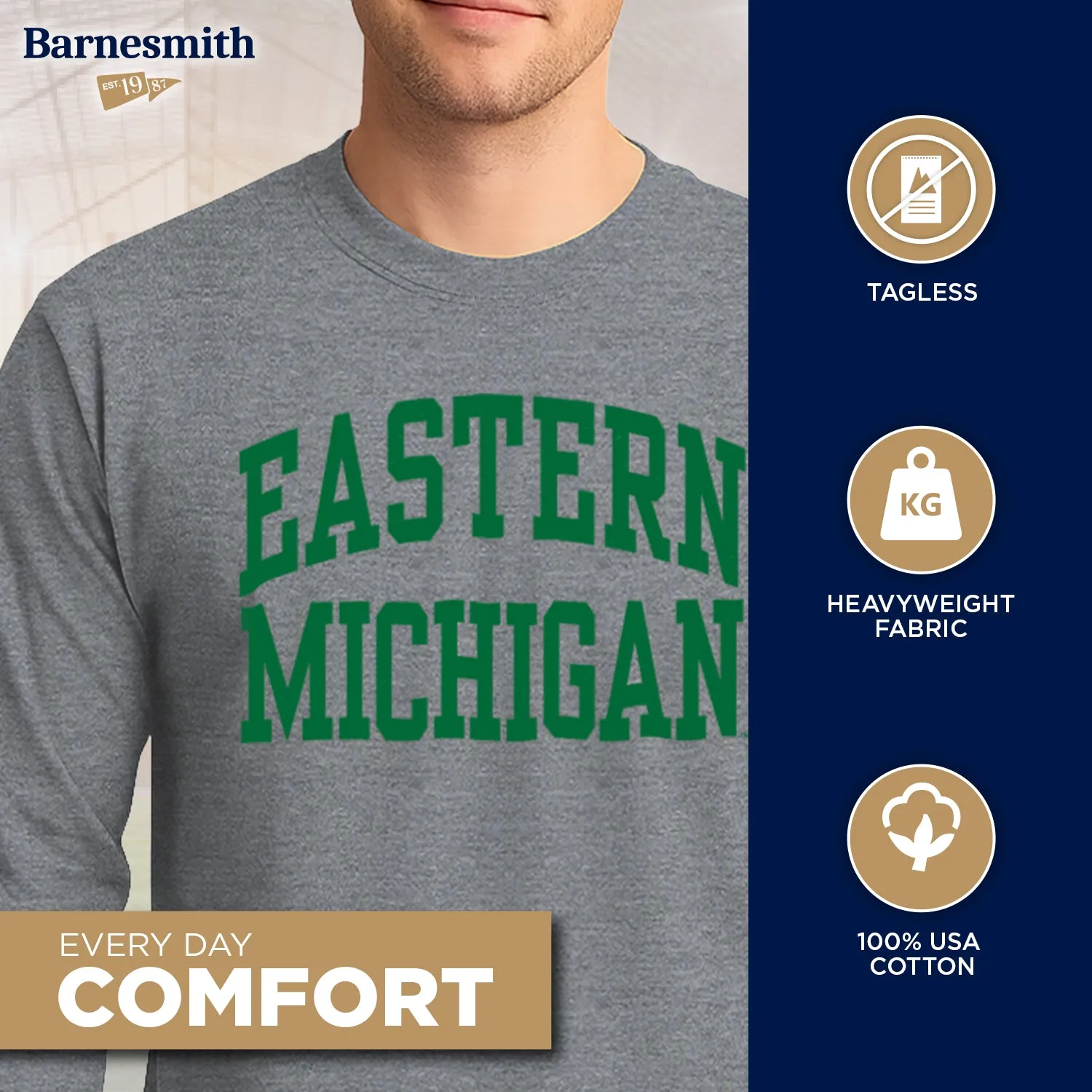 Eastern Michigan University Classic Long Sleeve T-Shirt (Charcoal Grey) sold by Barnesmith product image thumbnail 3