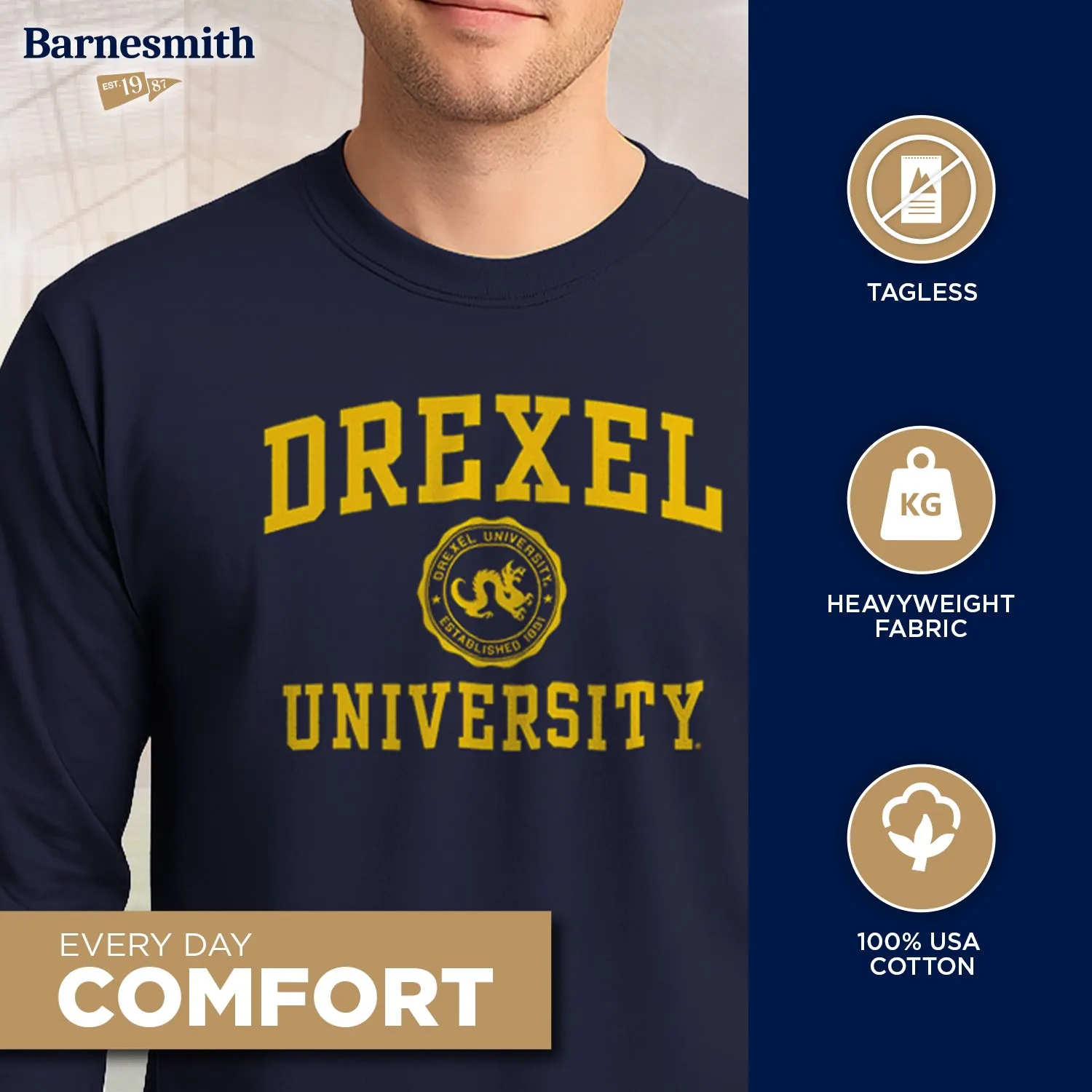 Drexel University Heritage Long Sleeve T-Shirt (Navy) sold by Barnesmith product image thumbnail 3