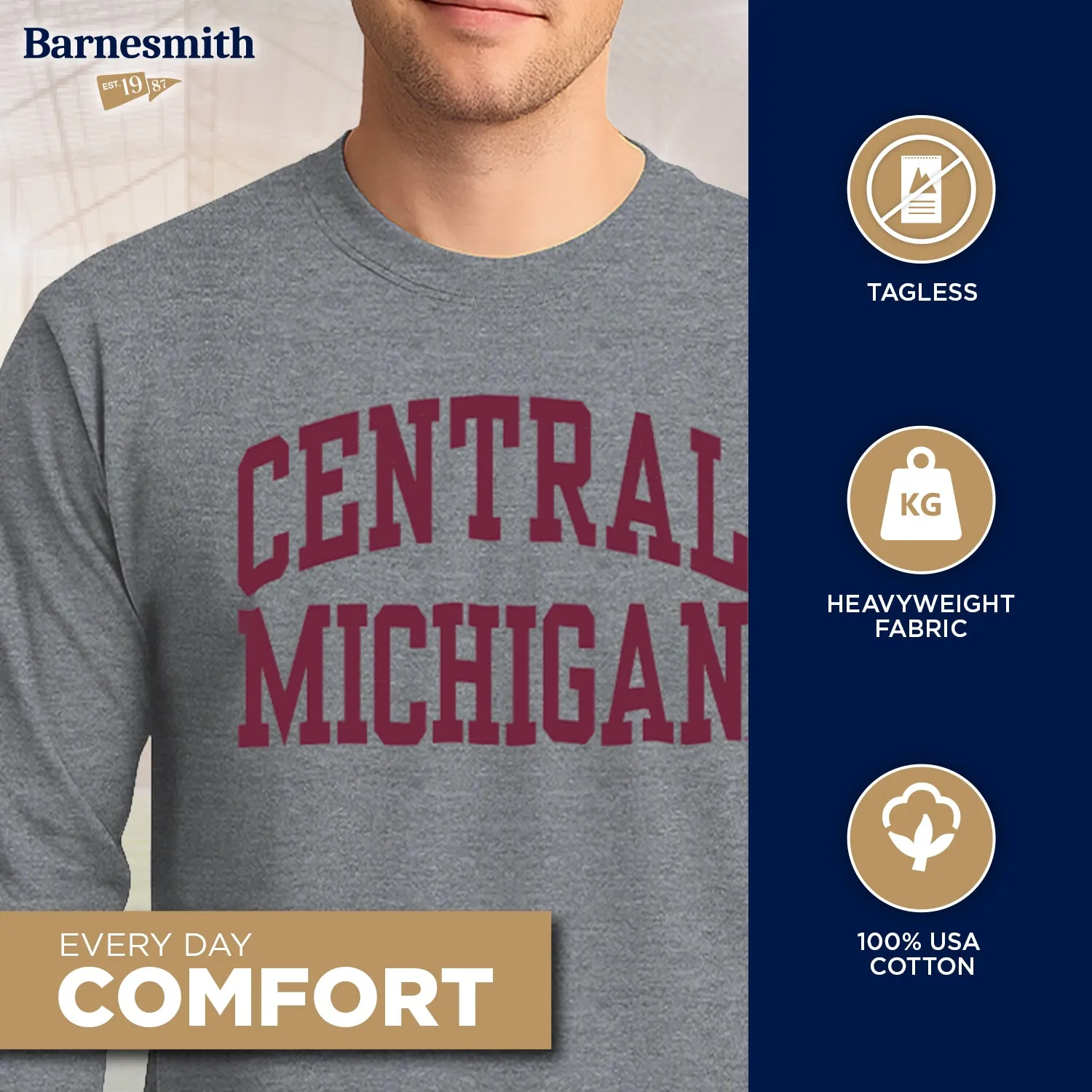 Central Michigan University Classic Long Sleeve T-Shirt (Charcoal Grey) sold by Barnesmith product image thumbnail 3