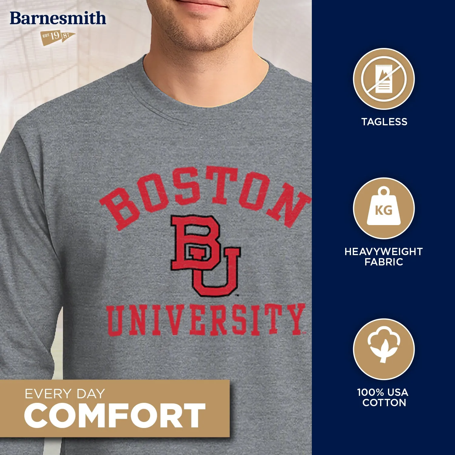 Boston University Heritage Long Sleeve T-Shirt (Charcoal Grey) sold by Barnesmith product image thumbnail 3