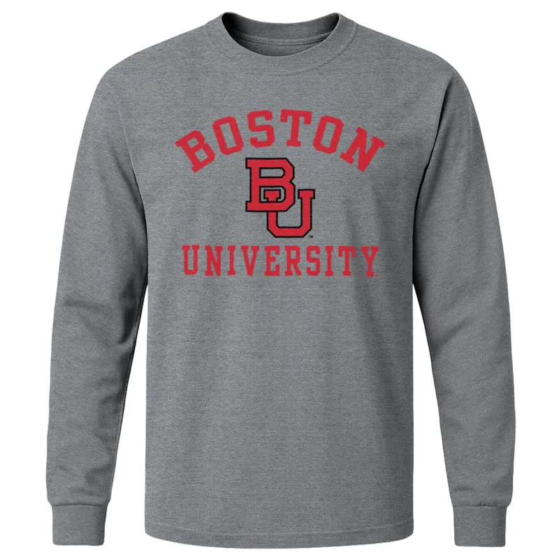 Boston University Heritage Long Sleeve T-Shirt (Charcoal Grey) sold by Barnesmith