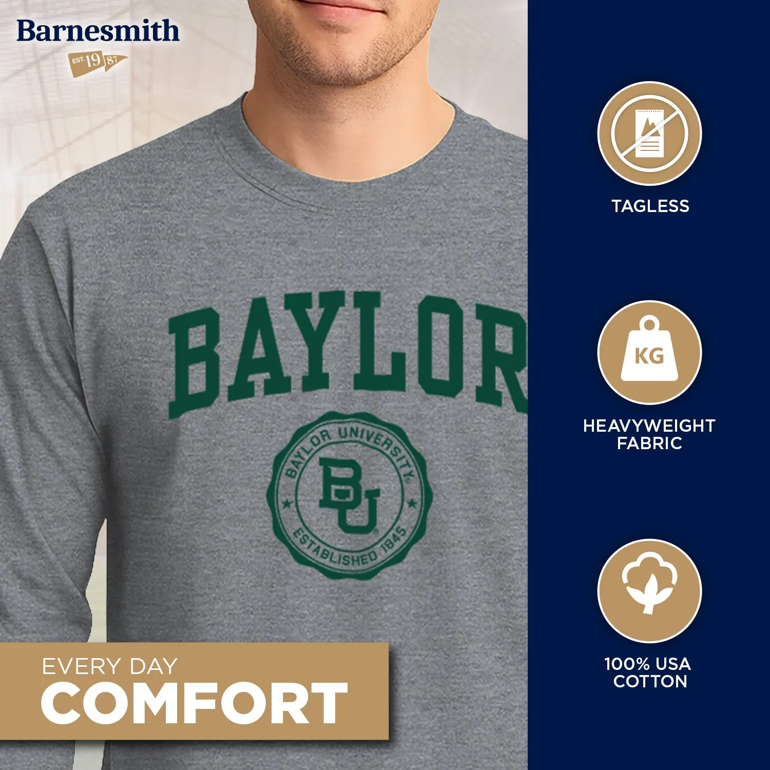 Baylor University Heritage Long Sleeve T-Shirt (Charcoal Grey) sold by Barnesmith product image thumbnail 3