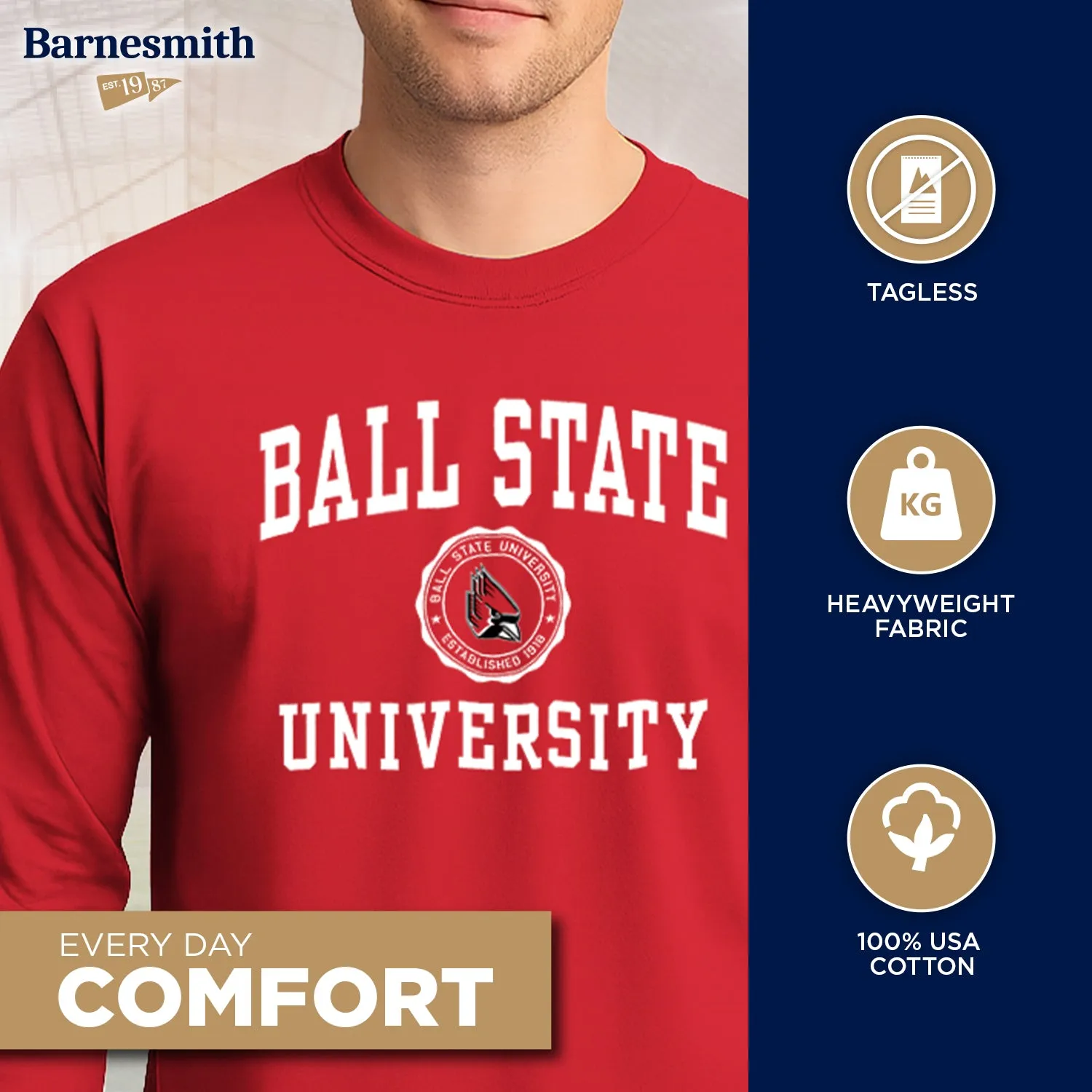 Ball State University Heritage Long Sleeve T-Shirt (Red) sold by Barnesmith product image thumbnail 3