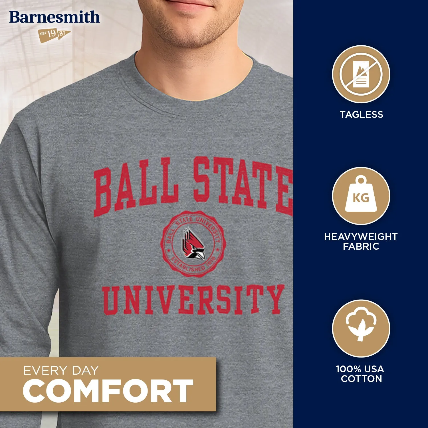 Ball State University Heritage Long Sleeve T-Shirt (Charcoal Grey) sold by Barnesmith product image thumbnail 3